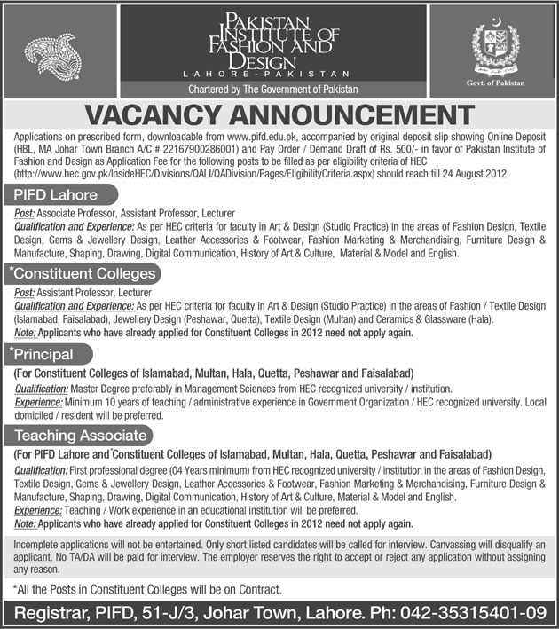 Pakistan Institute of Fashion and Design (PIFD) Required Teaching Staff
